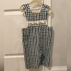 Navy and green smocked long-all with mallard duck detail